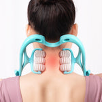 Person using a turquoise neck and shoulder massager on a white background