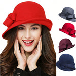 Four Flaire Women's Wool Hats – Elegant Retro Bowler Hat with Curling Bow